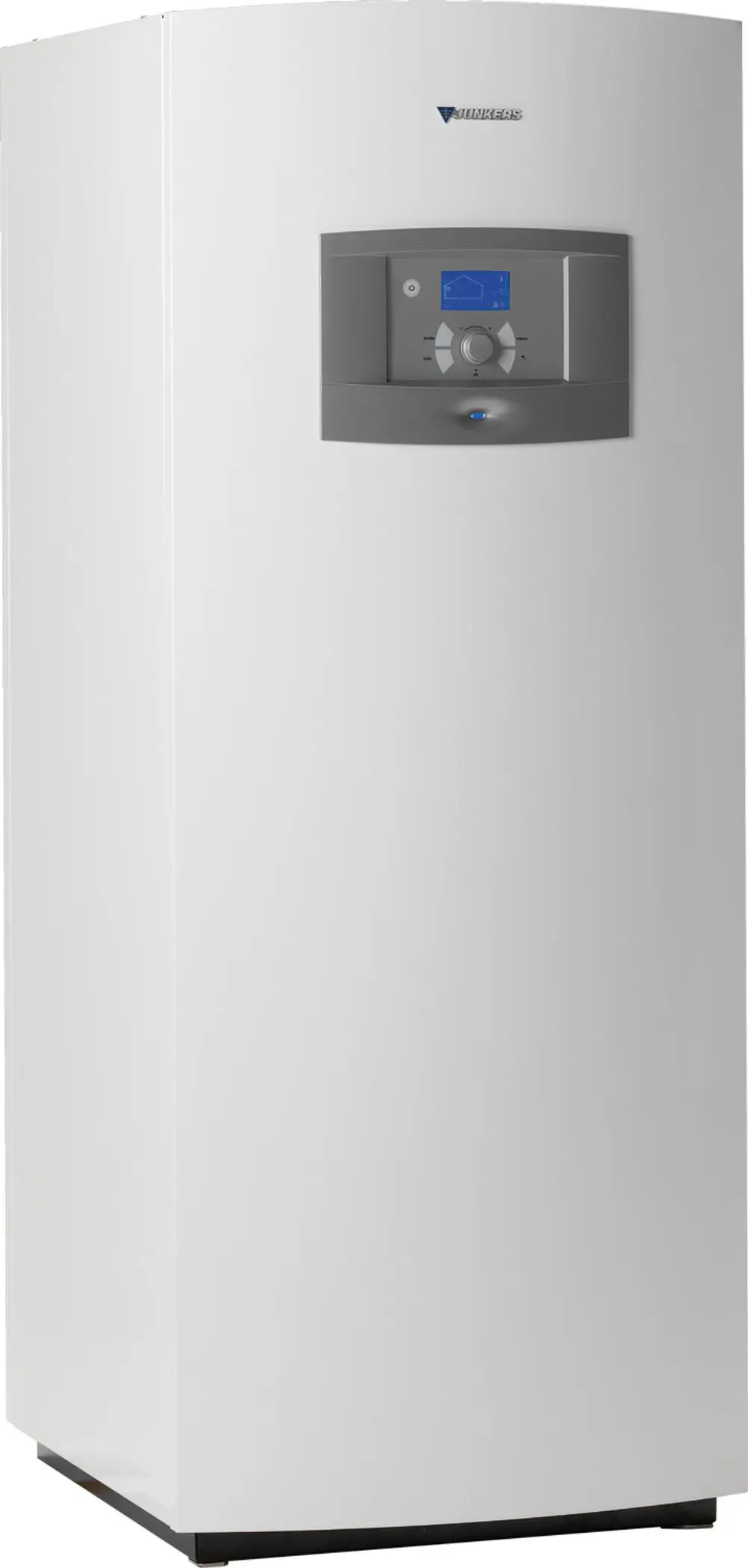 Weißer Kompaktgerät mit digitalem Steuerfeld, Marke Bosch, geeignet für die Wärmeversorgung. Vertikal aufgestellt, einfaches Design ohne sichtbare Ventilationselemente.